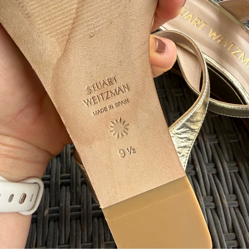 Stuart Weitzman Aleena gold, square toe wedge sandals - Picture 6 of 7